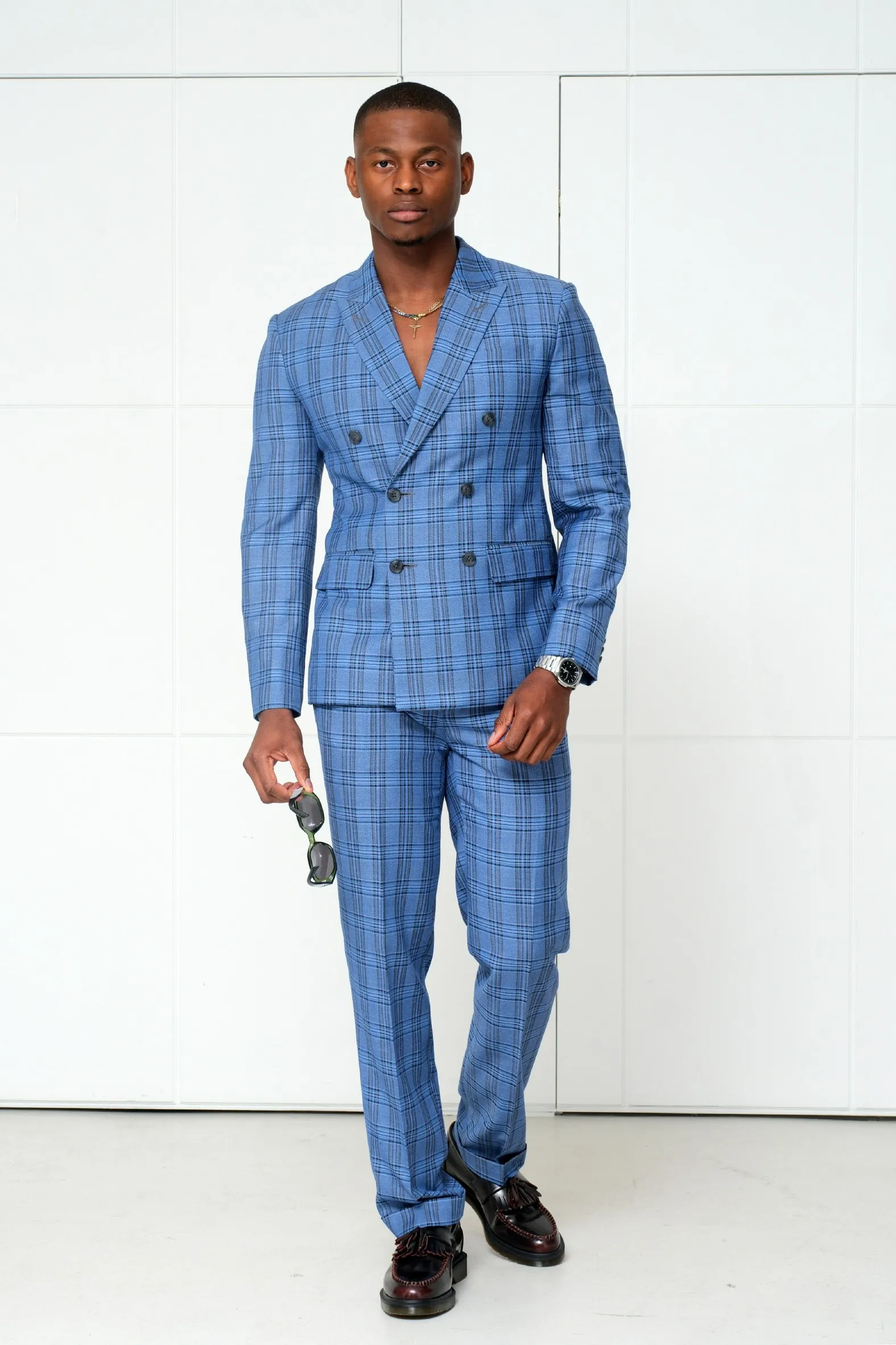 Blue check double-breasted suit