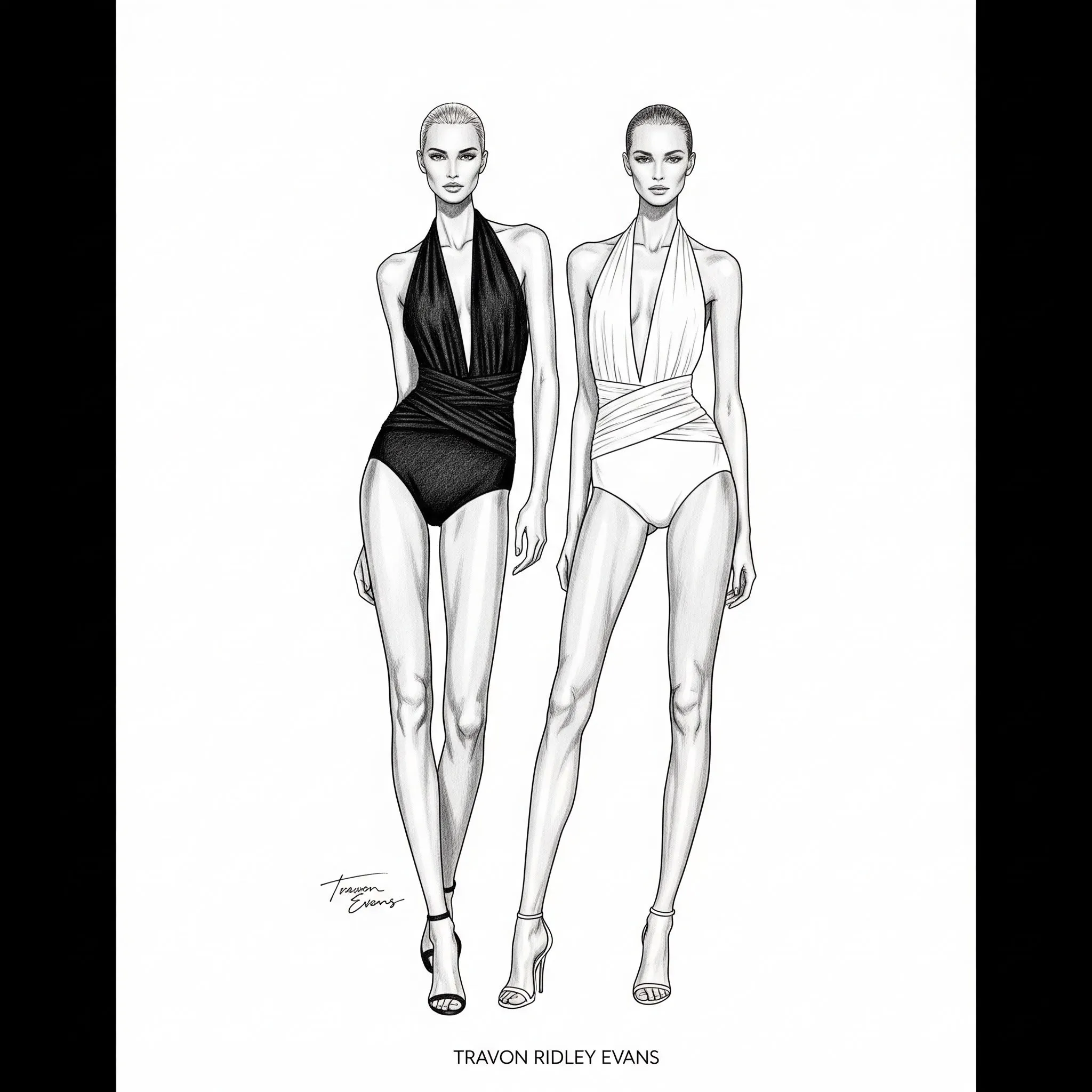 Design sketch of two halter one-pieces, signed Travon Ridley-Evans