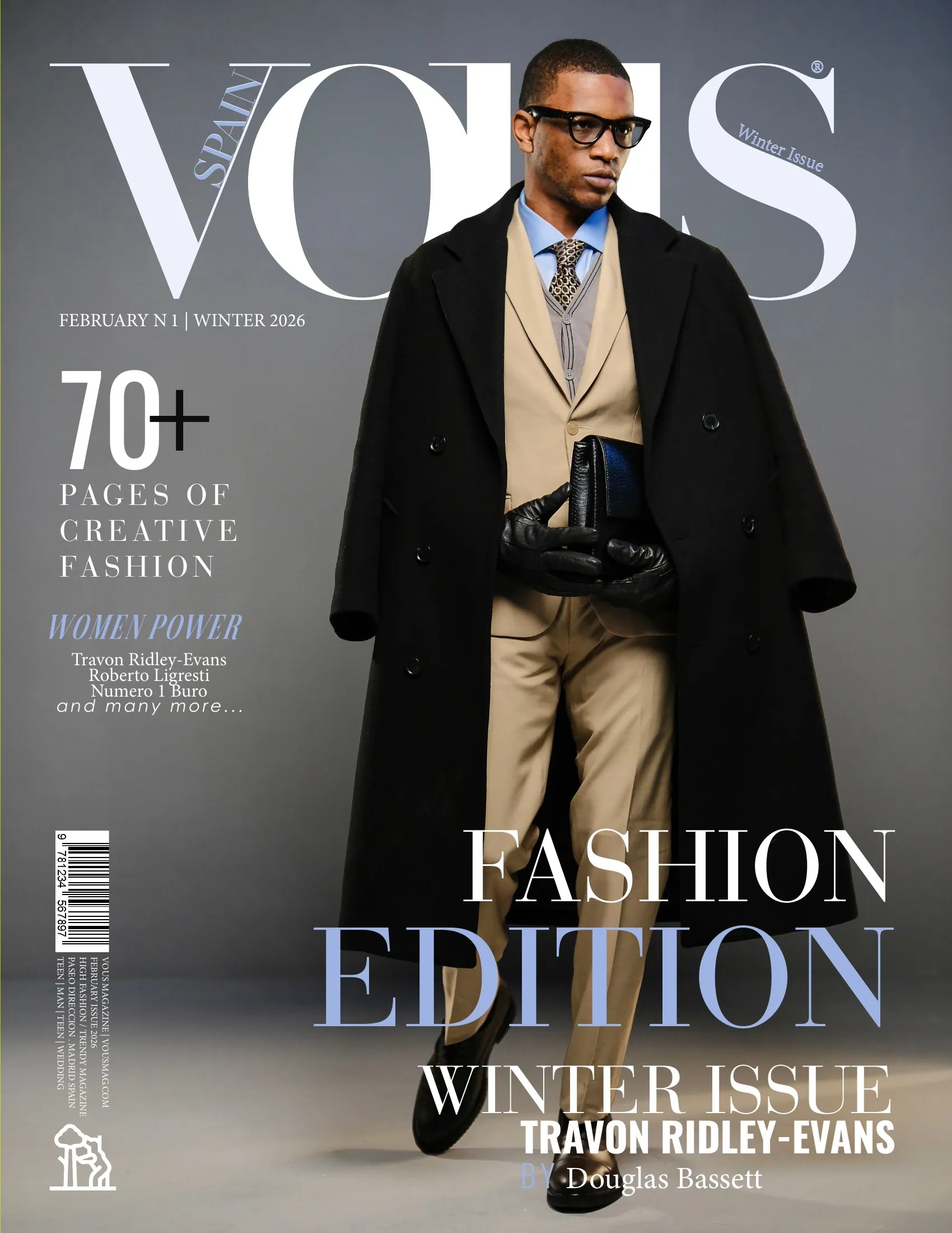 Vous Magazine, February 2026, third cover, Travon Ridley-Evans in a black coat and camel suit